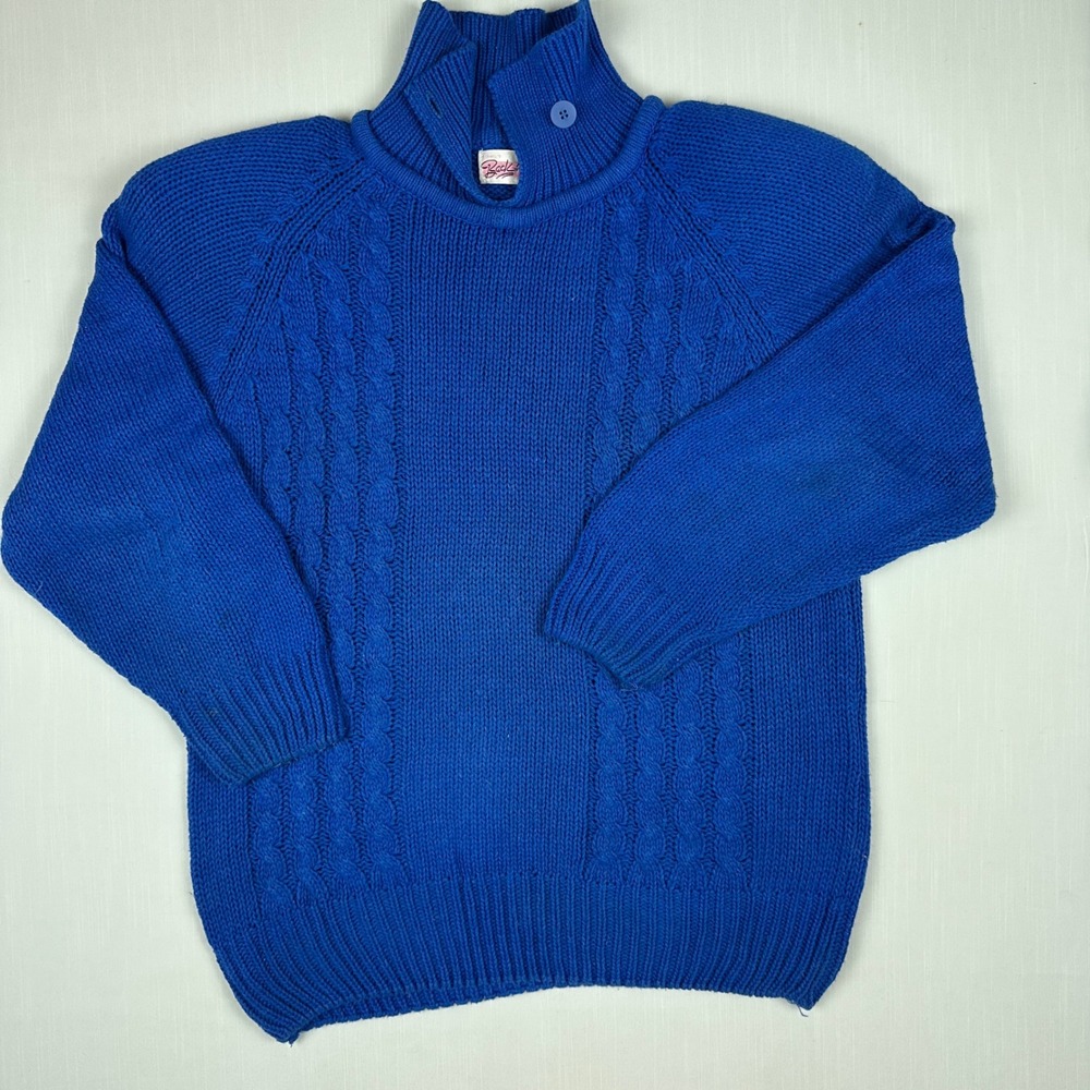 Vintage Back to Back Blue Cable Knit Button Neck Sweater Small